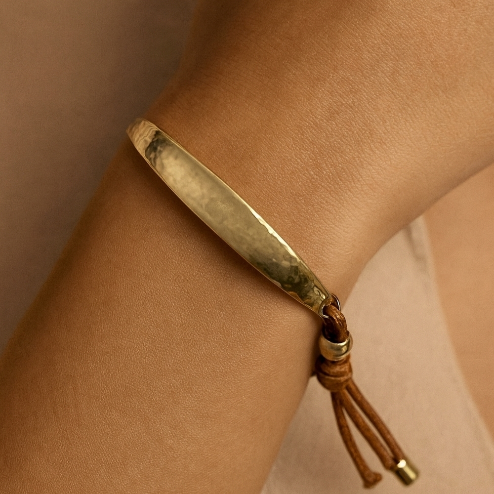Women's Gold Hammered Bracelet -:Adjustable Brown Cord   Fashion Jewelry